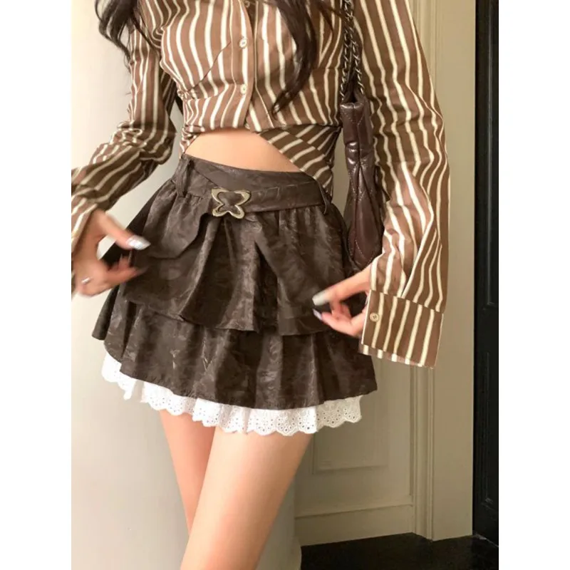 Korean Retro Lace Splicing Loose A-line Skirt Women 2025 Spring New Streetwear High Waist Pleated Contrast Color Sexy Mini Skirt