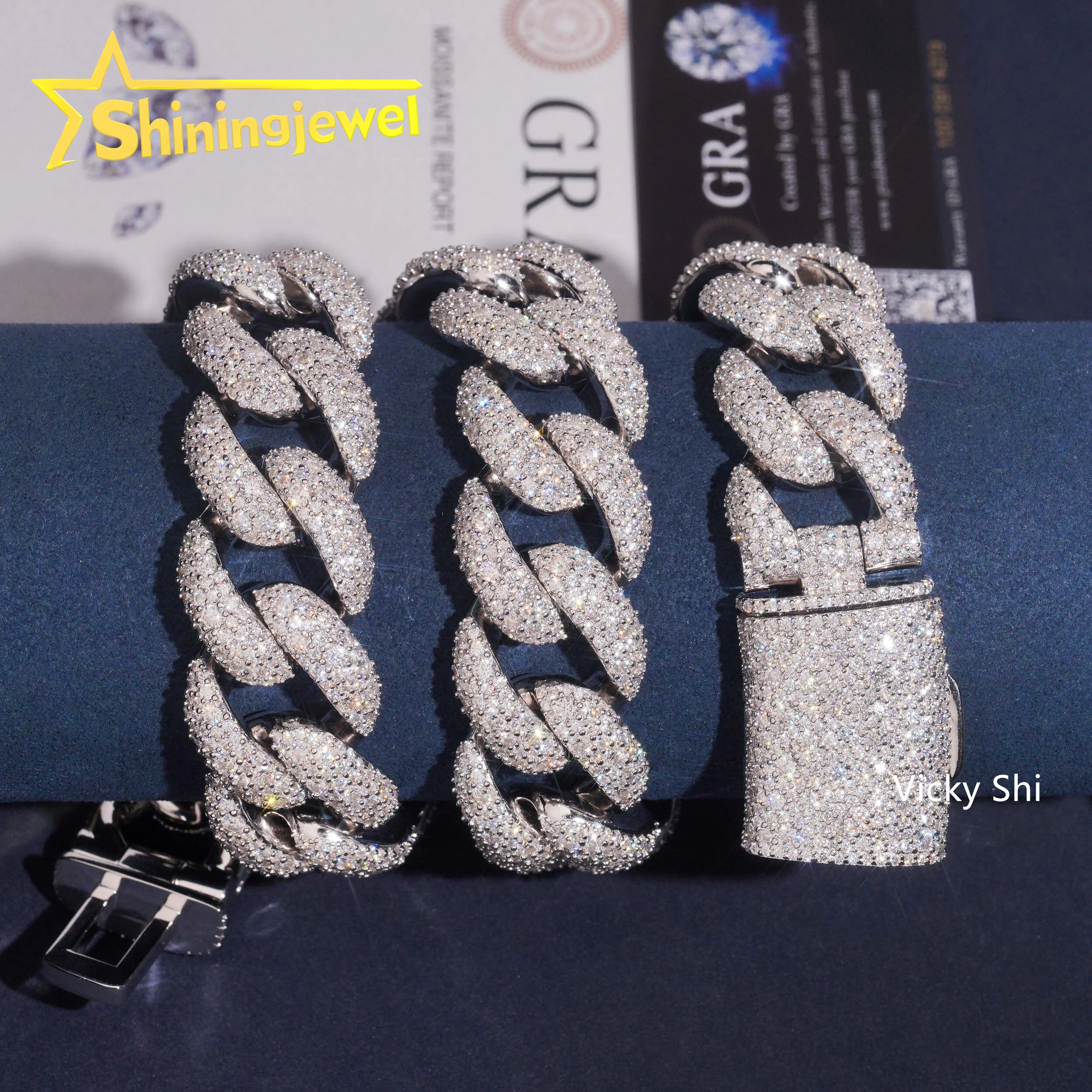New Arrival Big Size 24mm Mosaic Setting Moissanite Cuban Link Chain 925 Silver Iced Out Chain Link Men Hip Hop Necklace，