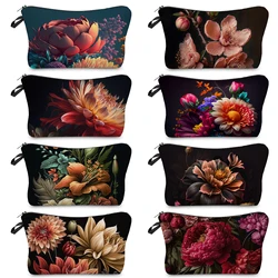 Elegante borsa per il trucco da donna con stampa floreale scura Design unico borsa per cosmetici compatta e portatile Kit da toilette per Organizer da viaggio da spiaggia