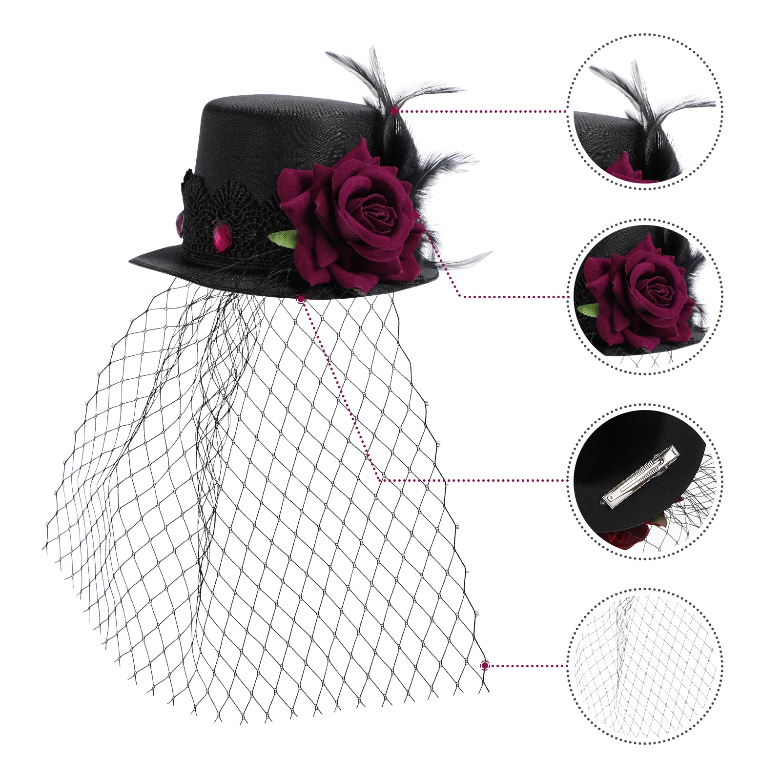 

Vintage Rose Mesh Hat Clip Elegant Satin Lightweight Festivals Party Hair Bangs Decorative Mini Hairstyle Accessories