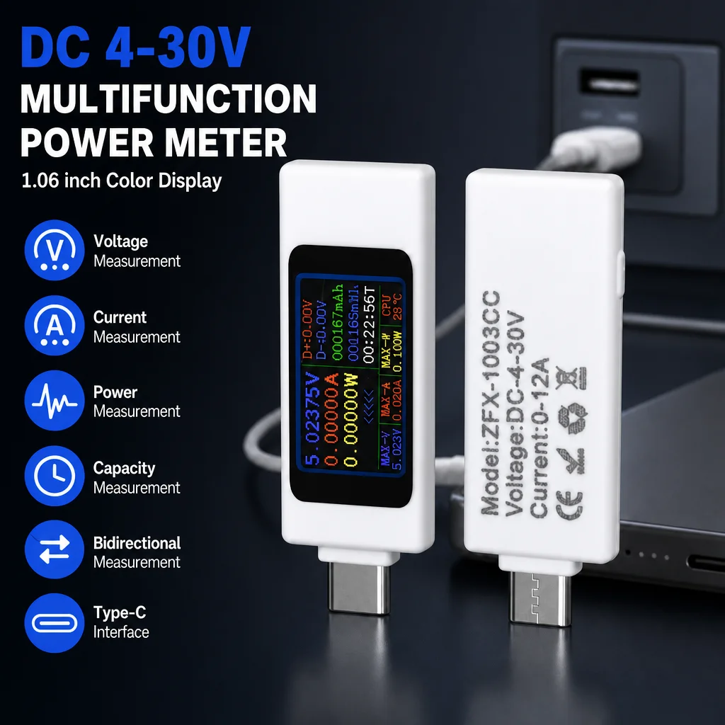 Type‑C DC Power Meter 1.06 Inch Digital Display DC 4‑30V 0‑6.5A Bidirectional Current Voltage Tester For Capacity Energy Test