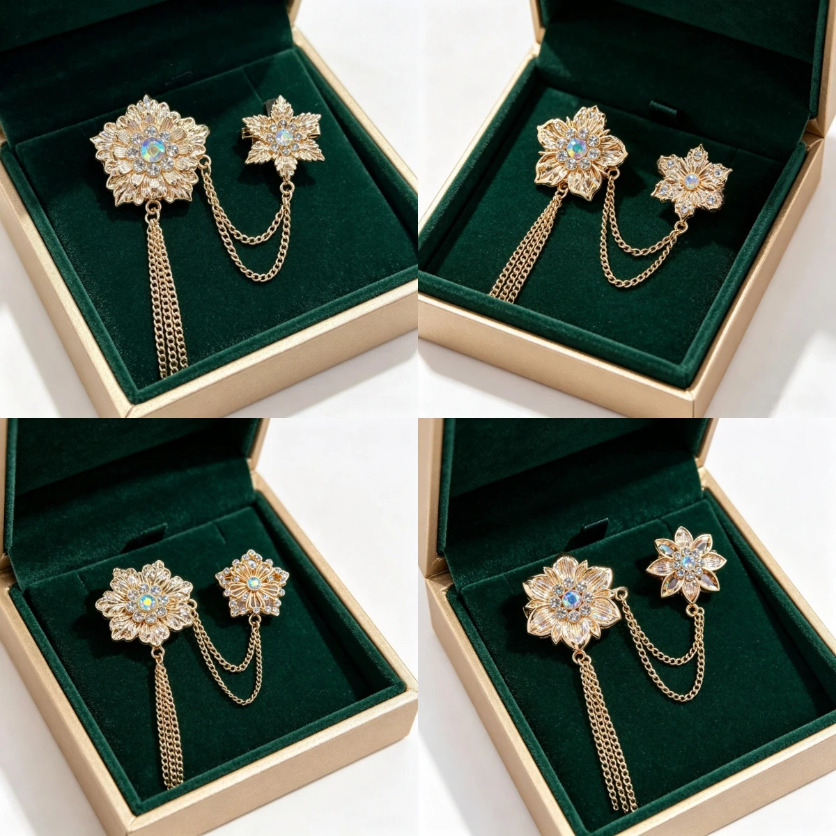 Cross border new Heavy Industry Illusion Diamond Double Flower Chain tassel Broch, Coat shawl Accessories