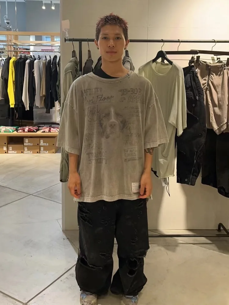 

Japan Style 24SS MMY Japanese Casual Pure Cotton Tees for Men Round Neck Washed Retro Printed Short Sleeved T-shirt