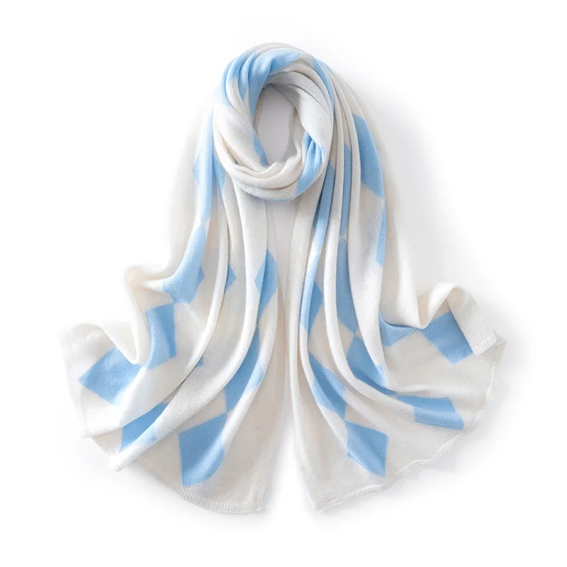 100% Pure Cashmere Scarf For Women Autumn And Winter Diamond-Shaped Color-Blocking Knitted Warm Neck Warmer And Shawl Dual-Use