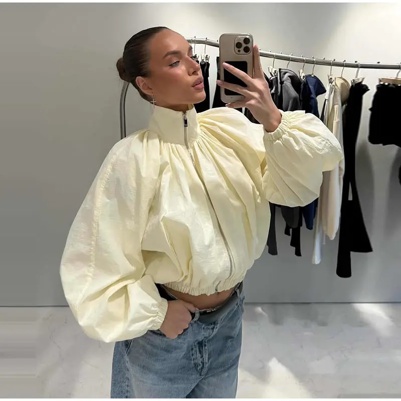 Rollkragen-Oversize-Cropped-Jacken für Damen, Street-Style, Lange Ärmel, Reißverschluss, Einfarbig, Locker Sitzende Mäntel, Schicke Damen-Oberbekleidung, Neuheiten – Detail 17
