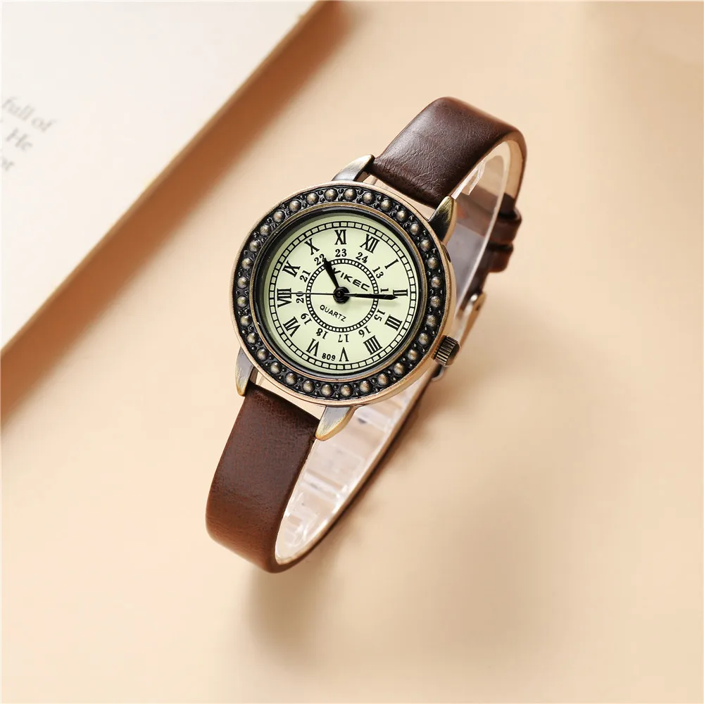 Vintage women leather watch slim PU leather Roman scale quartz watch