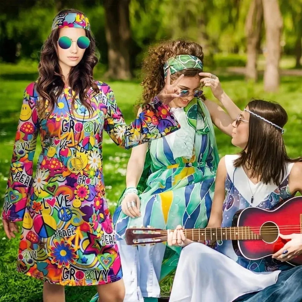 Women’s Hippie Dress 1970s Costume Necklace Earrings Sunglasses Disco Outfit 1960s Party Costume Halloween Retro Dress (M Size) view 5
