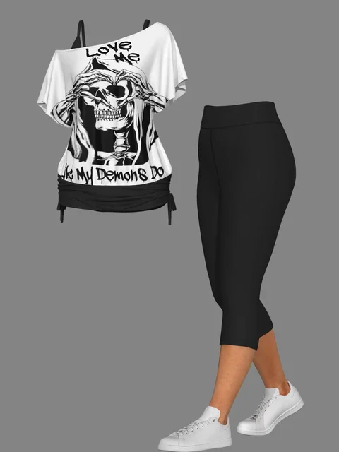 Damski dwuczęściowy zestaw garniturowy Plus Size Gothic Love Me Letter Skull Fashion One Shoulder Casual Print Set Top and Shorts Outfit 2025