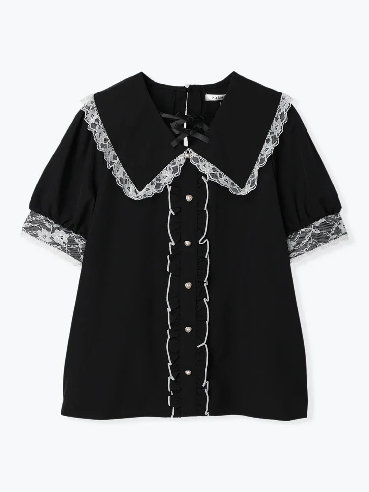 Blusa japonesa Lolita de encaje con volantes para mujer, camisa con lazo de una sola pieza, Color sólido, Tops de verano