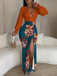 Spring Fashion Casual Woman Dress Long Sleeve Printed Deep V-neck Irregular Sexy Side Slit Dresses For Women Evening Party Dress