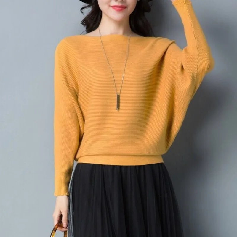 Women\'s Solid Color Pullover One Line Neck Sweater 2023 Autumn and Winter Korean Bat Sleeve Knitted Fashion Office Lady Tops