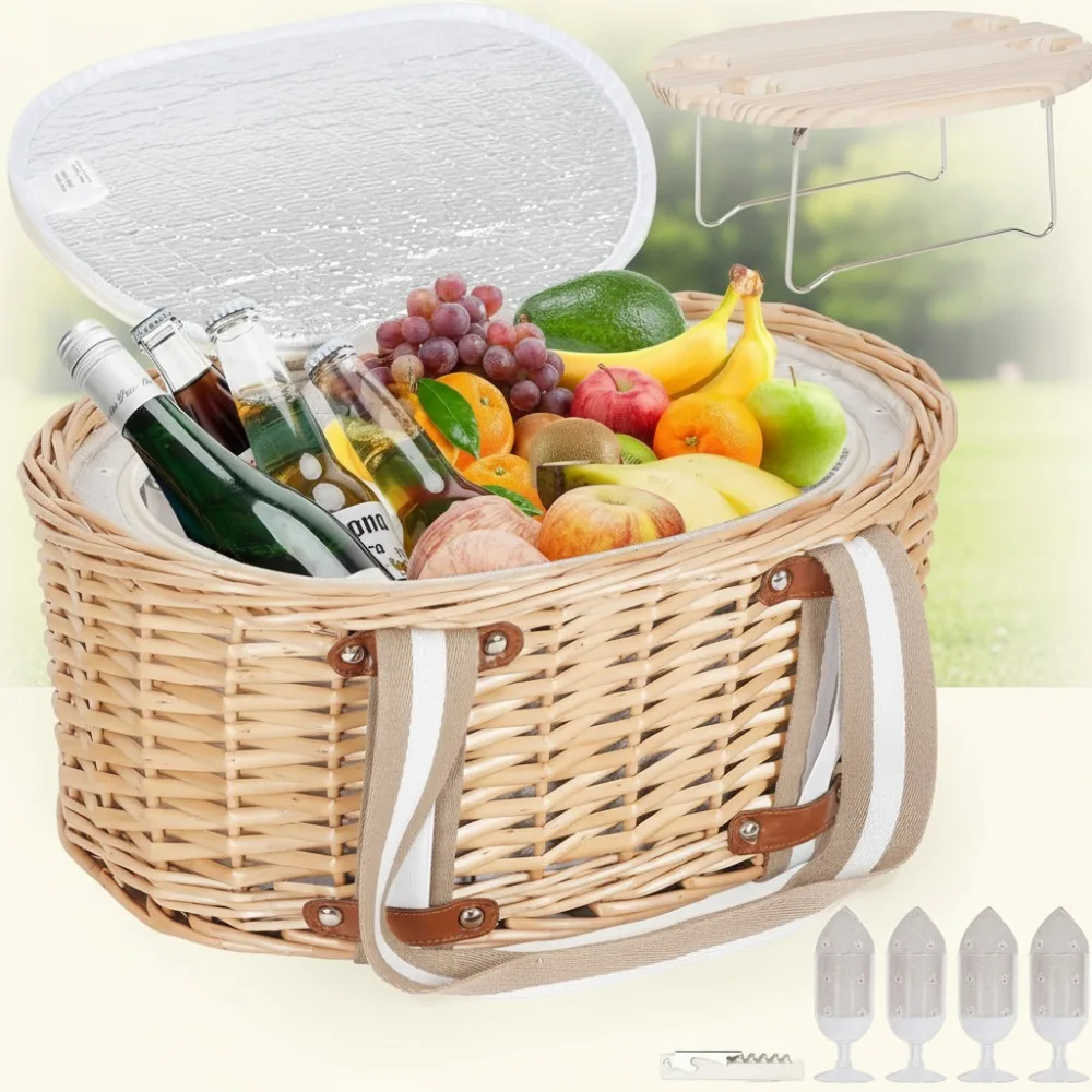 

4-Person Insulated Picnic Basket Set with Folding Wine Table - Romantic Outdoor Camping Kit for Couples & Families