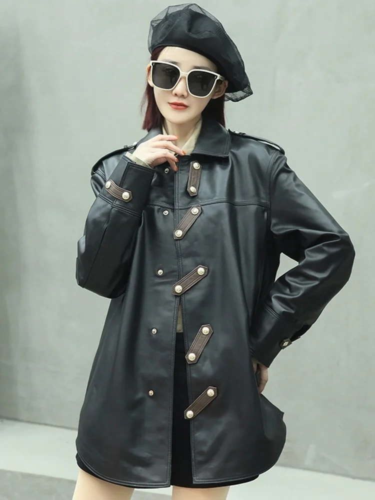 2023  Autumn Women Loose Fit Midi Sheepskin Genuine Leather Jacket Female Casual Outwear Coat Designer Buttons Spring Leather Ja