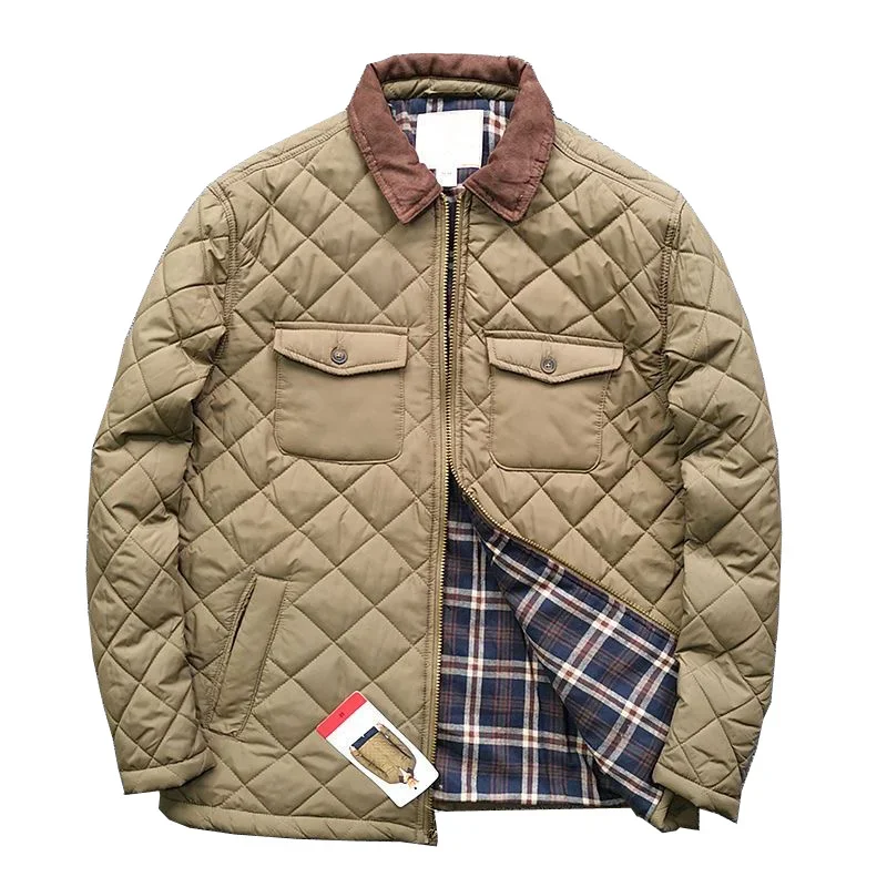 Men\'s Diamond Check Clamp Cotton Jacket Waterproof With Pocket Cargo Coats Vintage Casual Outerwear Male