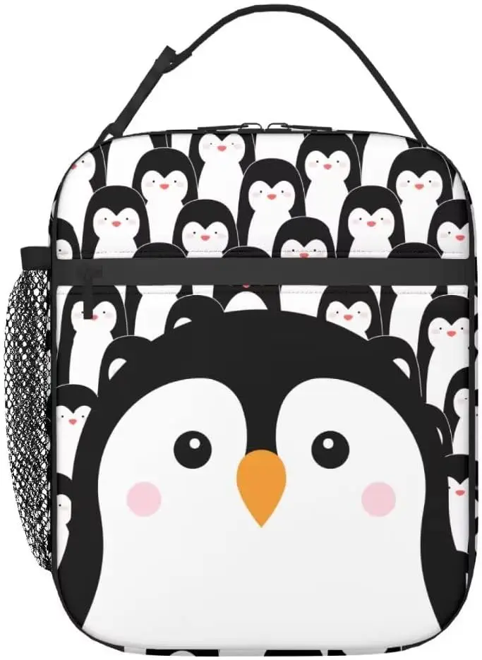 Funny Penguin Reusable Lunch Bag 8 X 4 X 10 Inches Cooler Bag Lunch Box Container with Adjustable for Picnic School Work