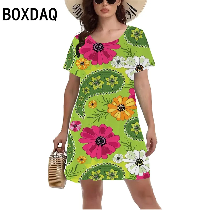 Retro 3D Colorful Printed Dress Women Summer Short Sleeve Round Neck Casual Dress 2024 New  Large Size Lady Sundress Vestidos