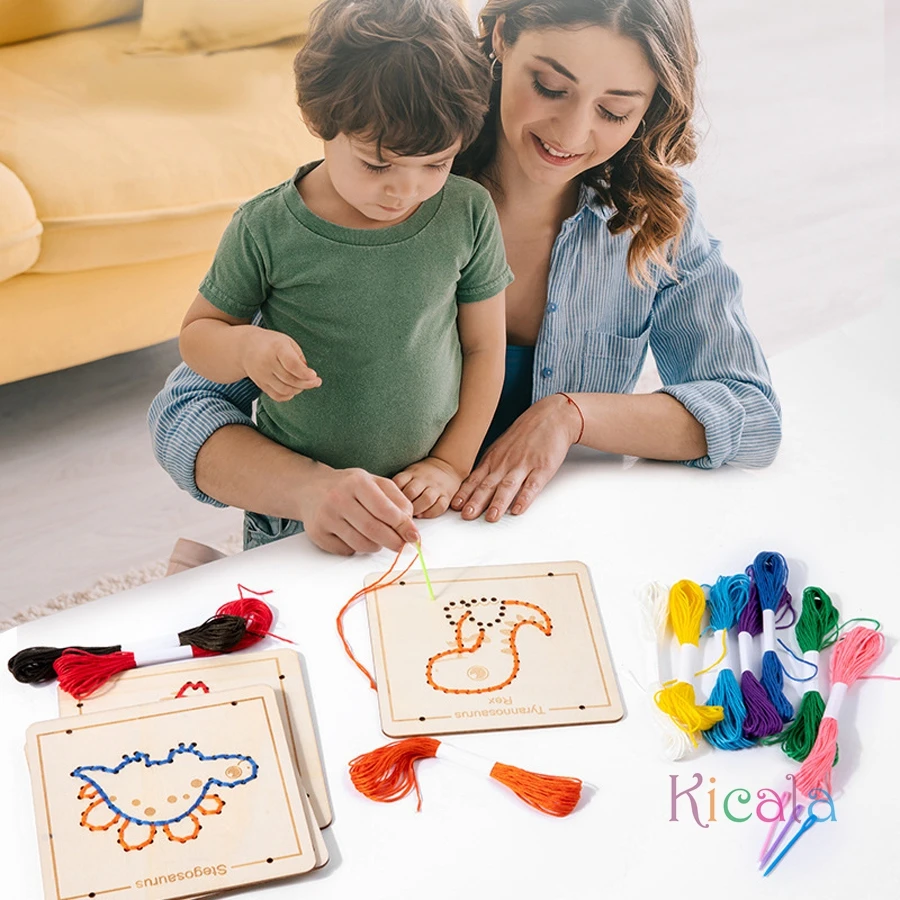 Jouets de laçage en bois Montessori, jeu de société de broderie, ensemble de filetage de motifs de dessins animés, motricité Fine, planche occupée, cadeaux pour enfants