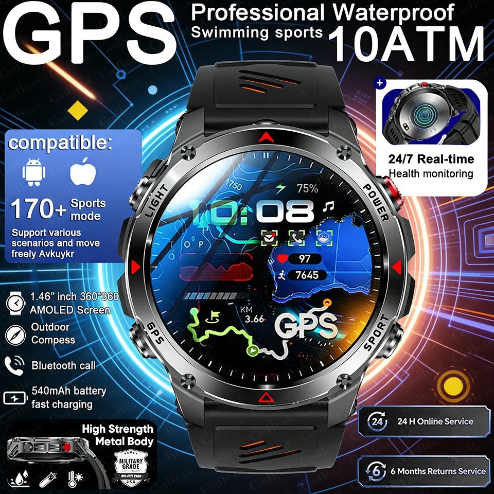 

2026 New GPS Smart Watch AMOLED Screen 3ATM Waterproof Fitness Tracking Heart Rate BT Call Professional Sports Smartwatch 540Mah