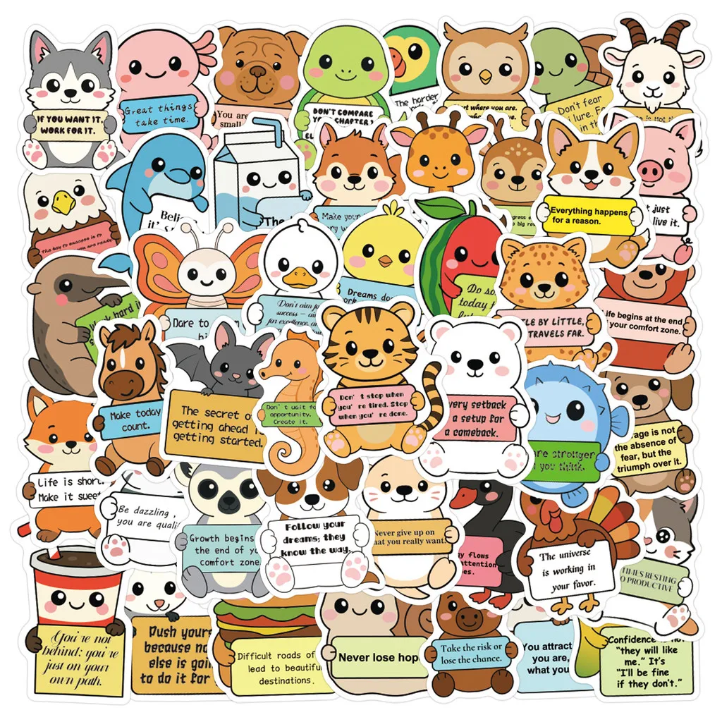 

60Pcs Animal Emotional Quote Graffiti Stickers Waterproof DIY Decals for Scooters, Luggage & Crafts Golden Memory Stickers Store