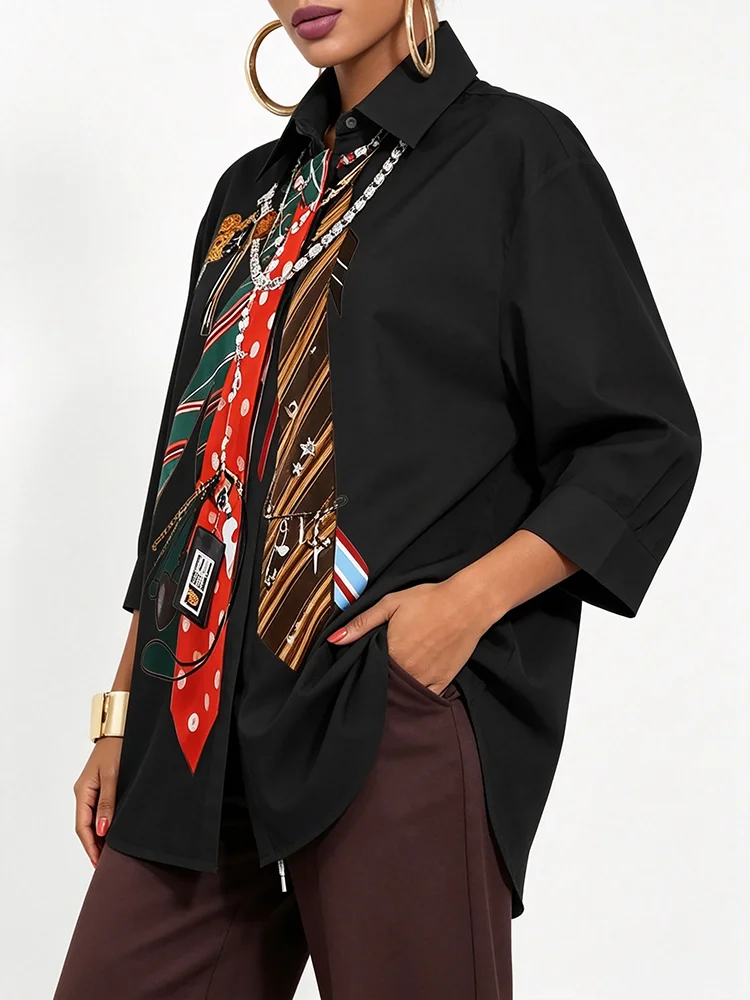 Yeezzi Women Black White Color Lapel Shirt Fashion Tie Necklace Printed Long Sleeves Blouses Casual Loose Office Ladies Tops