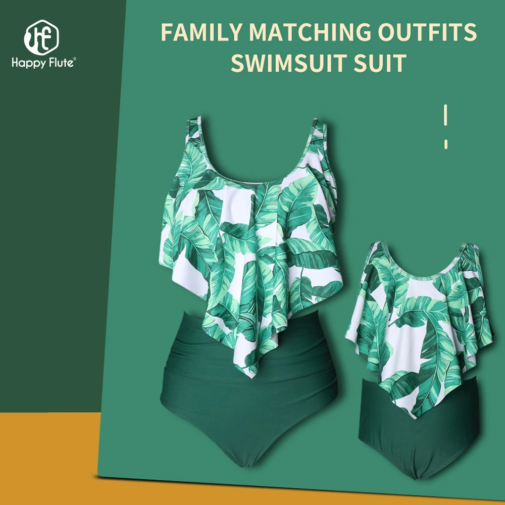 HappyFlute New European&American Style Fashion Printed High Waist Bikini Ruffled Mother Daughter Parent-child Swimsuit