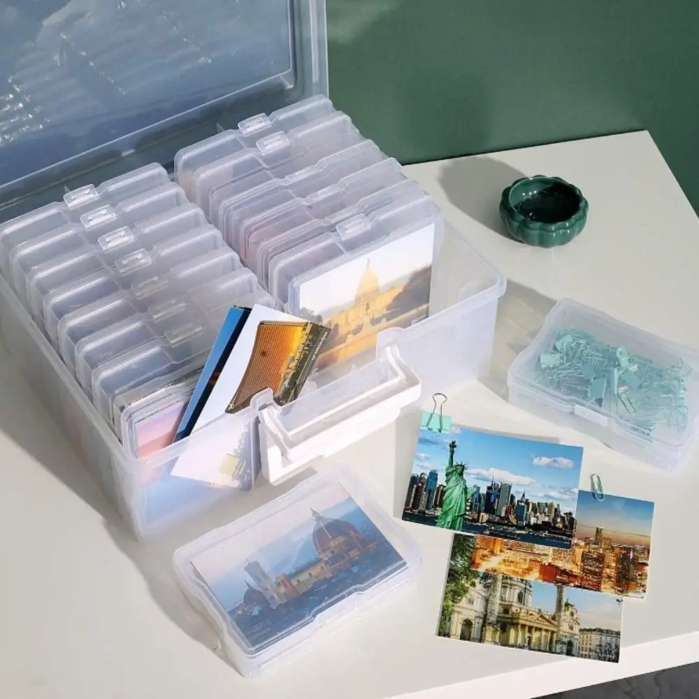 Office Supplies 16 Inner Organizer Photo Storage Box Plastic Clear Craft Storage Case with Handle Lids Cards Keeper Stickers