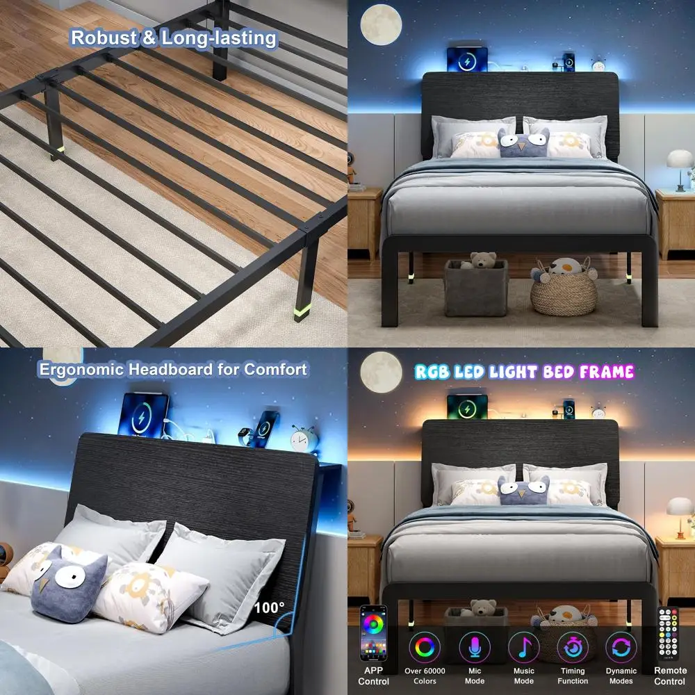 

Эргономичная двуспальная кровать с местом для хранения, зарядной станцией, LED-подсветкой, металлическими ламелями, без пружинного блока, простая сборка, черная