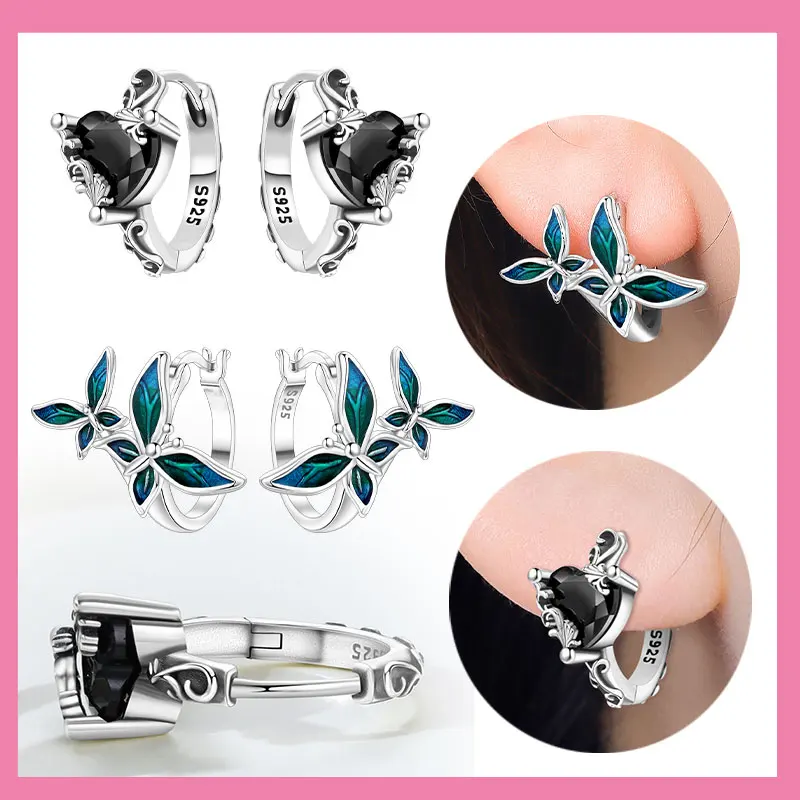 

Серьги-кольца из стерлингового серебра 925 пробы с двойной бабочкой и лозой Love, черный цирконий, ювелирные изделия на годовщину свадьбы, подарок для женщин