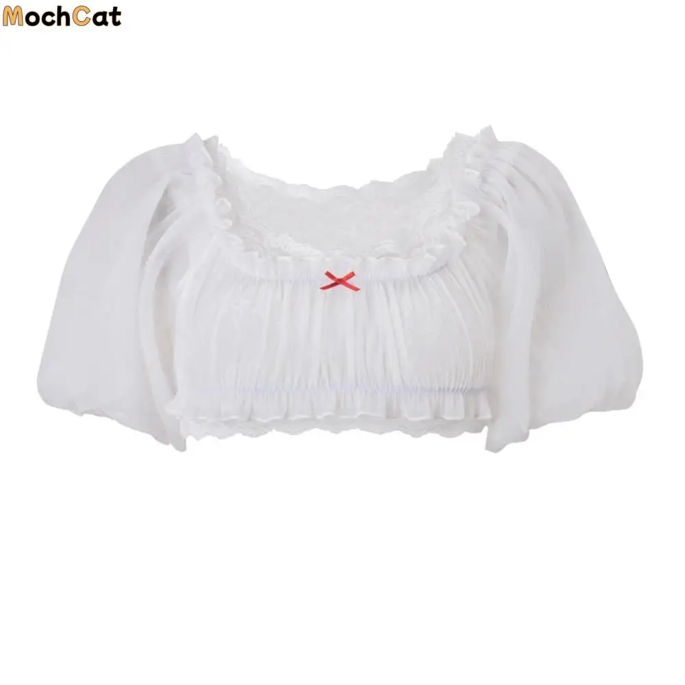 

Fashion Ruffle Lace T-shirt Lantern Short Sleeve Slim Fit Short Sleeve T-shirt Pullover Streetwear Bowk Y2K Crop Top Summer