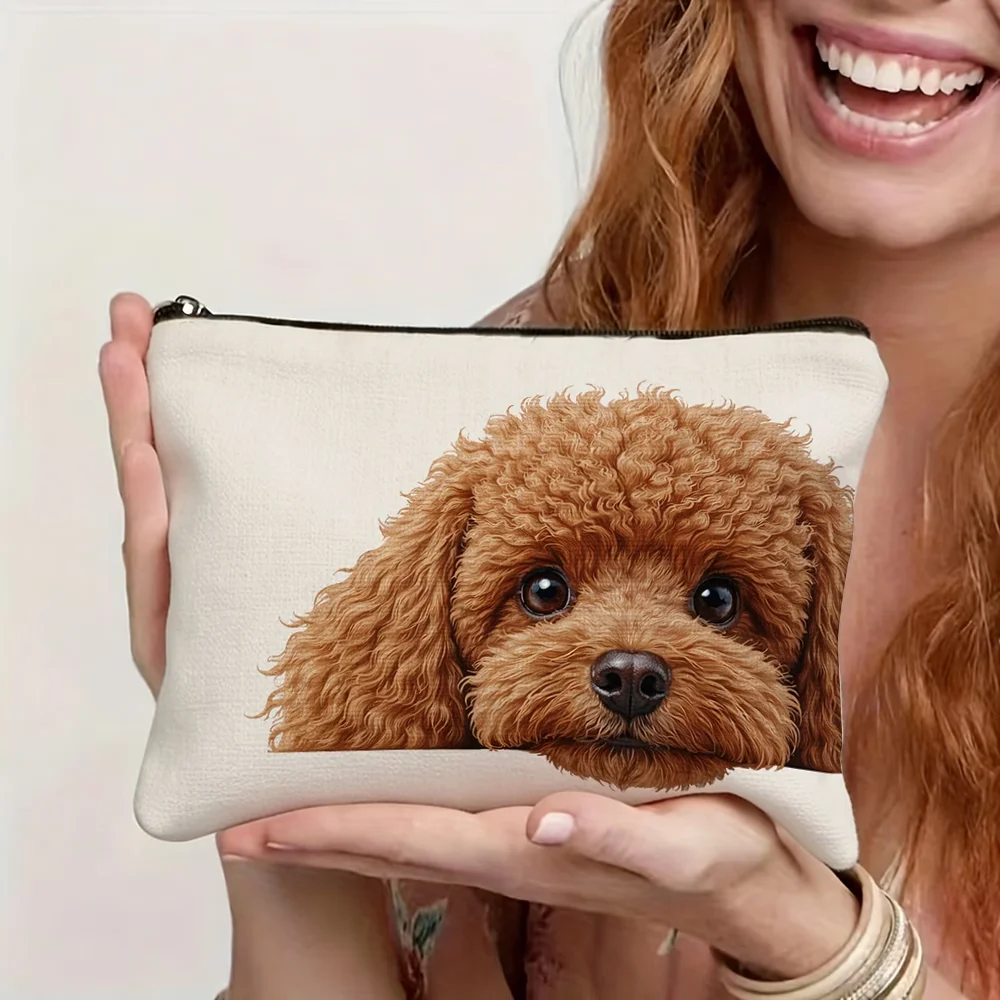 1Pc 2D Cute Brown Dog Print Makeup Bag, Multi‑use Travel Pencil Case, Ideal Gift for Girls Students Dog Lovers Sisters Friends