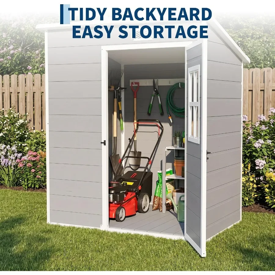 Outdoor Garden Storage Shed with Resin Construction, Gray Color, Waterproof and Lockable Design Featuring Floor and Window for
