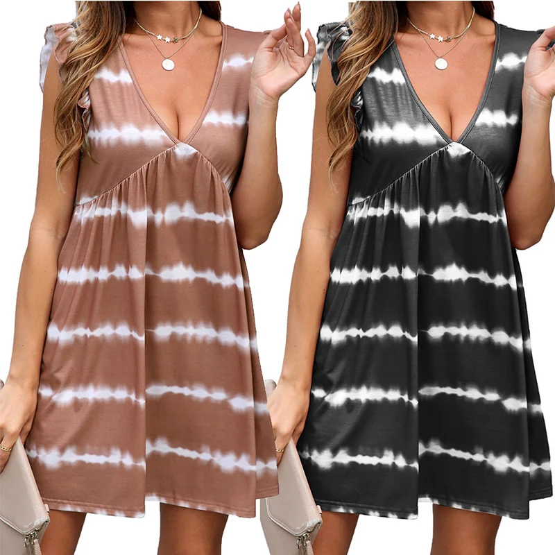 

Pregnant Maternity Nursing Breastfeeding Women Summer Dress Stripe Sleeveless Fake Two Piece with Front Pleat