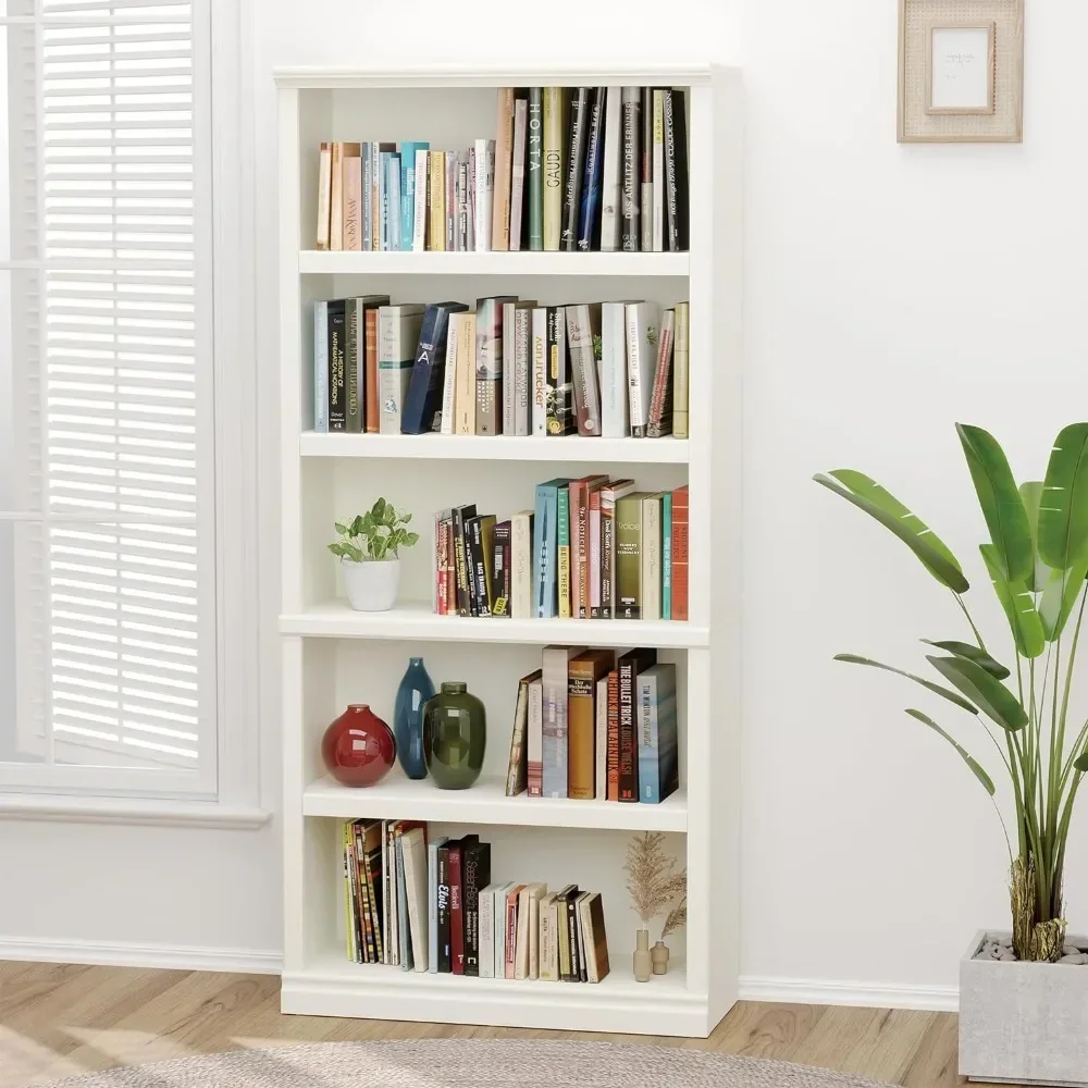 

70" Tall Bookcase, White Bookshelf Open Storage 5 Tier Shelves, Floor Standing Bookshelves and Bookcases, Library Bookcase