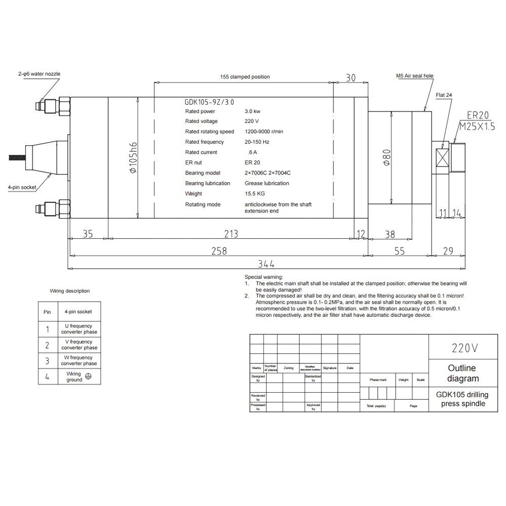 WaveTopSign Constant Torque Spindle 3KW 220V 9.6A Chuck ER20 1200-9000rpm 20-150Hz for Metal Engraving and Cutting