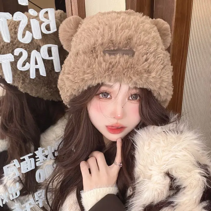 

Bear Ears Plush Beanies Hat Winter Cute Warm Thickened Knitted Cap Korean Version Sweet Versatile Ear Protection Women's Hats