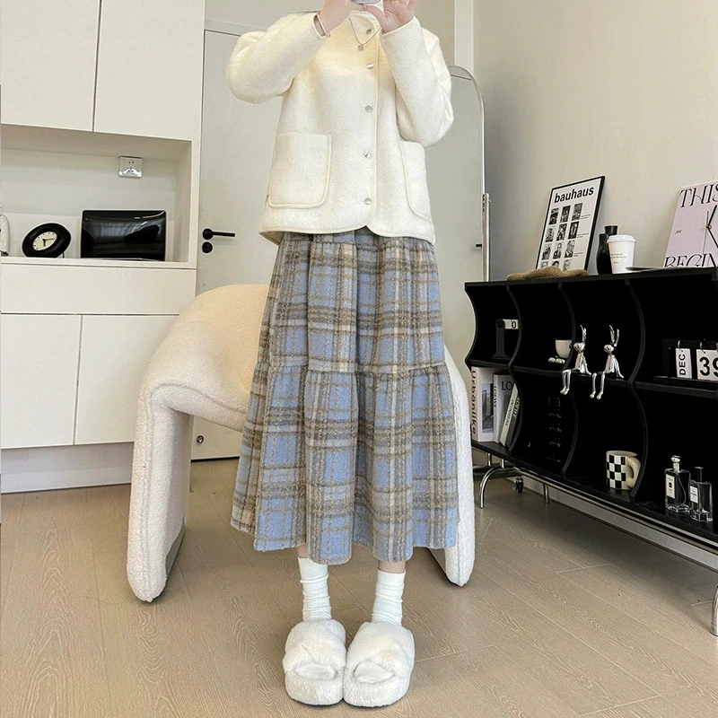 

Vintage Plaid Skirt for Women 2025 New Lazy Style Contrast Patchwork Pleated Skirts Lady Autumn Winter Woolen Long A-line Skirts