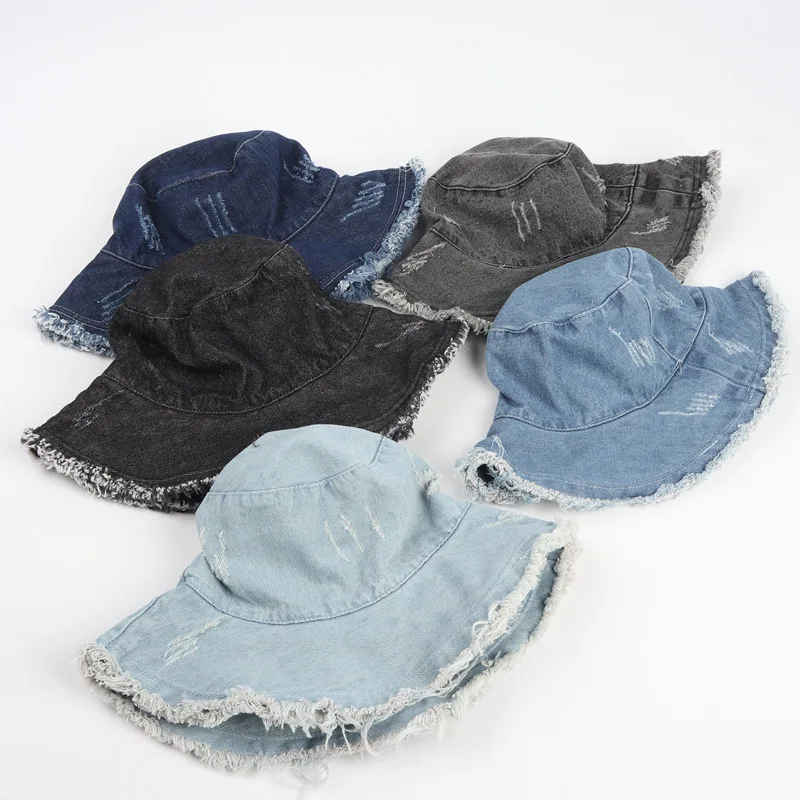 Vintage washed denim bucket hat for women sombrero panama men autumn winter Fisherman Hat iron wire design Foldable basin cap