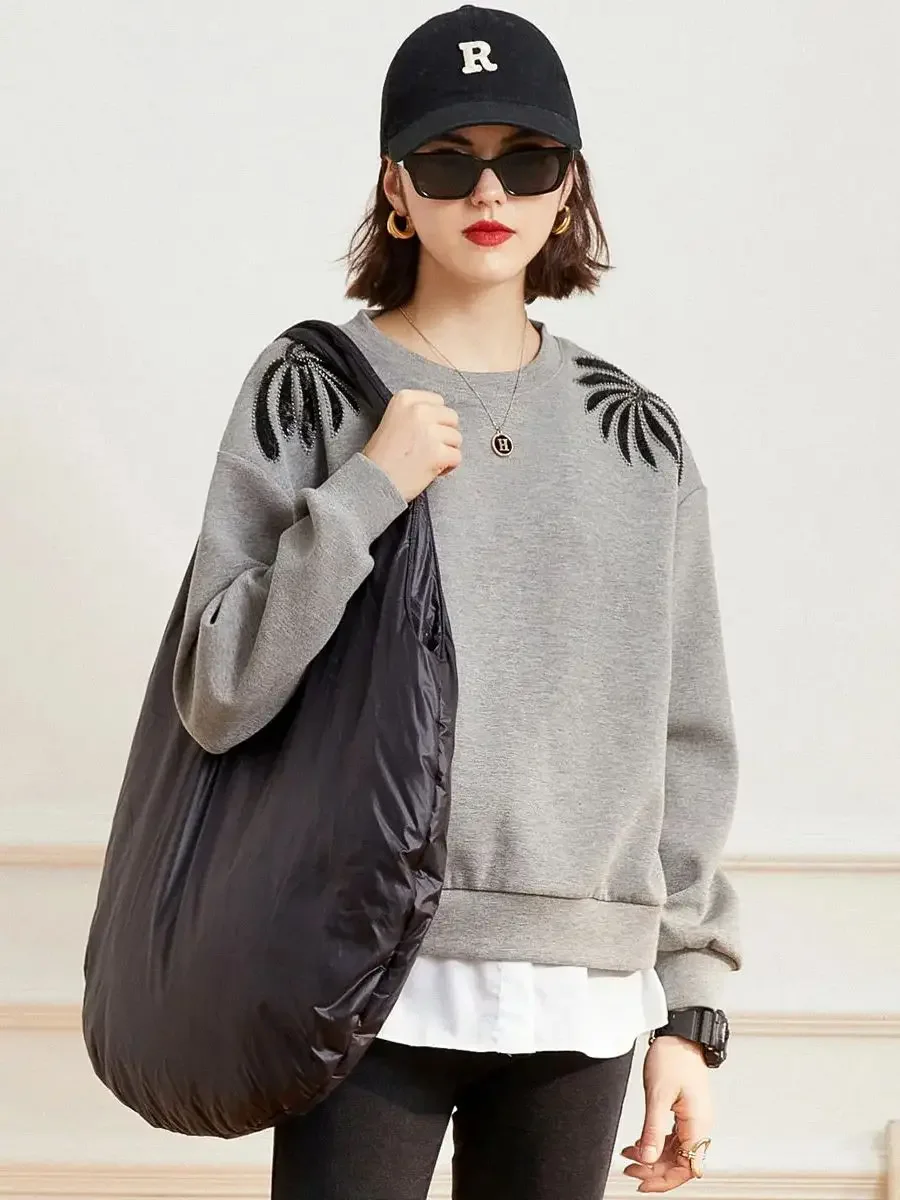 LOUIS YAO Women Hoodies 2024 Sequin Fashionable Round Neck Long Sleeve Loose Fit Drop Shoulder Casual Sweatshirt Pullover Top