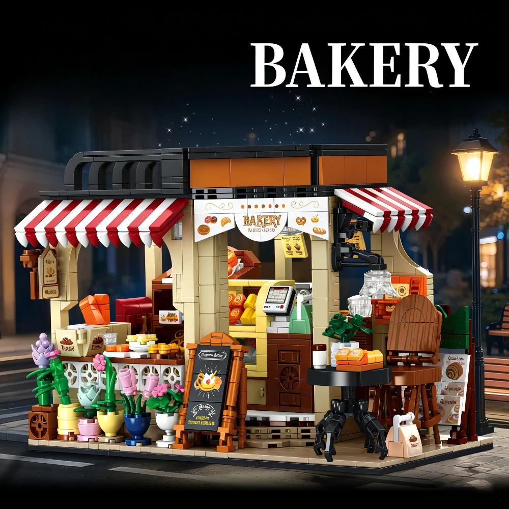 

MOC Town Corner Bakery Store Building Blocks Set Bread House Shop With Table Desktop DIY Toys For Children Birthday Holiday Gift