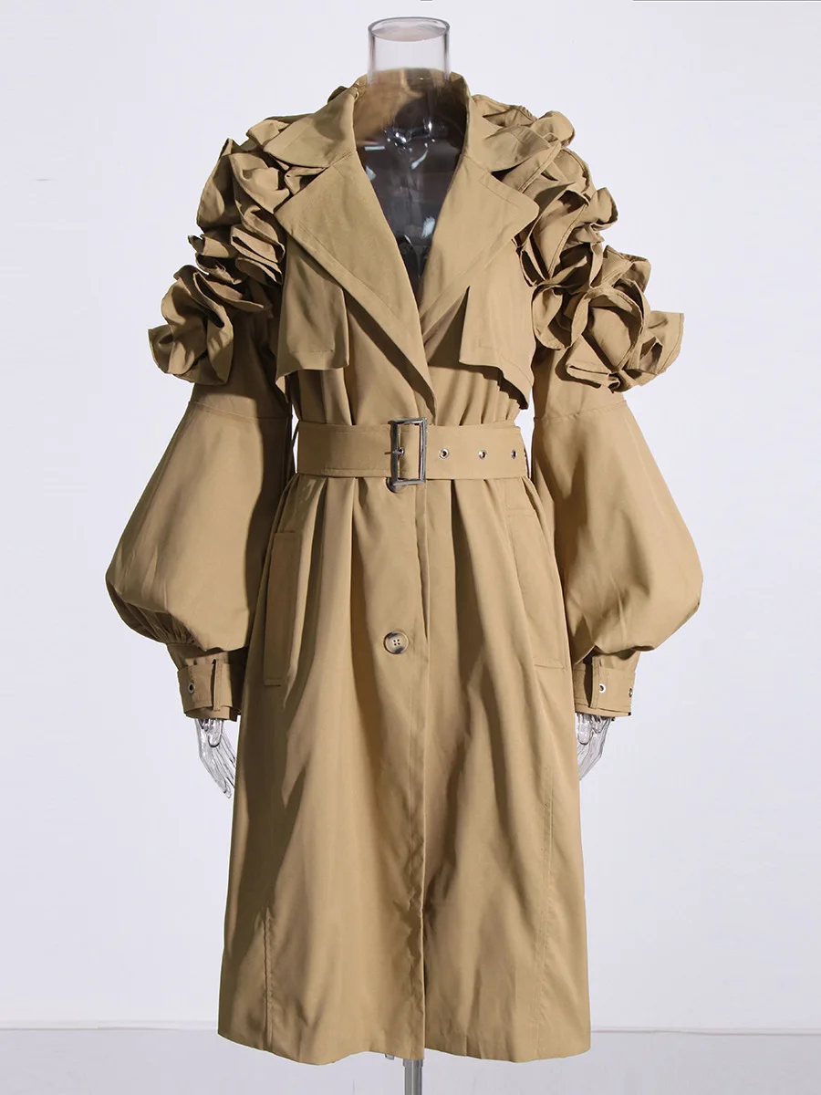 

women's office lady lapel ruffles lantern long sleeve trench coat casual long jacket with belt