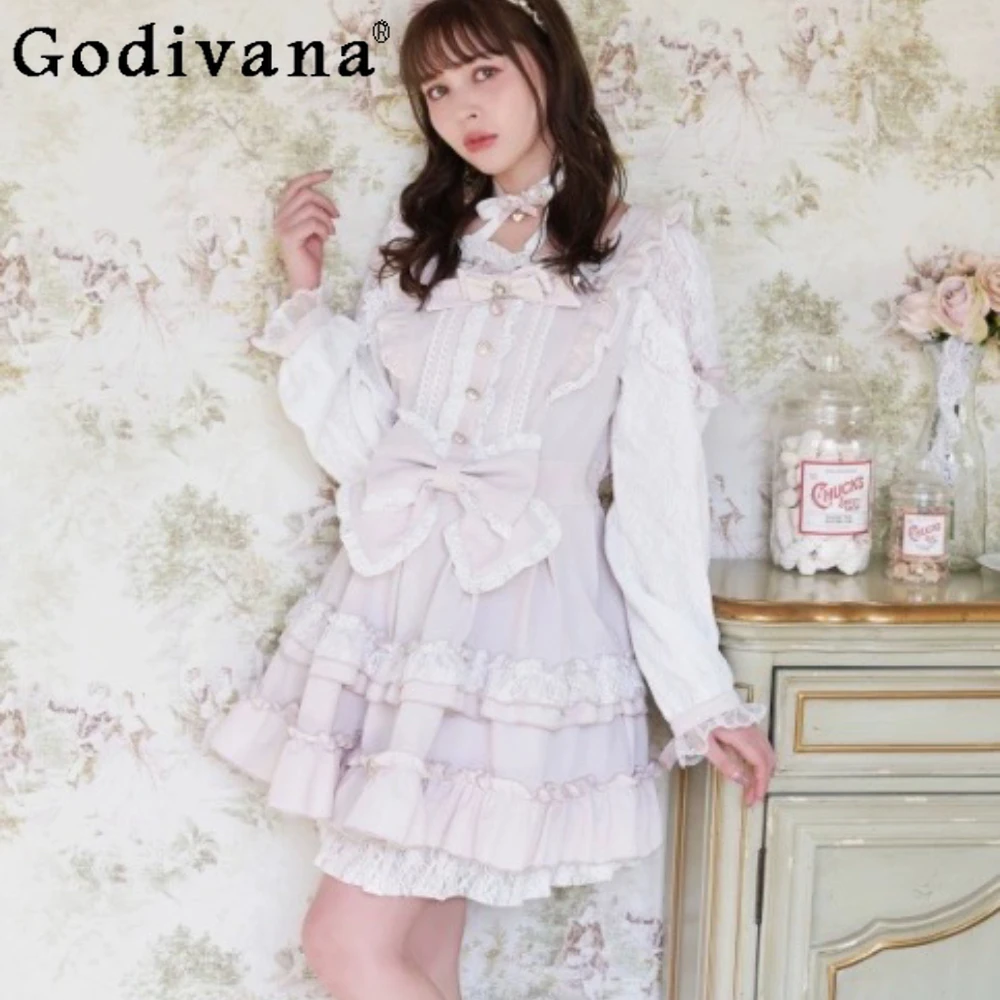 

Lace Sleeve Bow Lolita White Dress Spring Summer Girl Ribbon Cake Layer Dress for Women Dresses Clothing