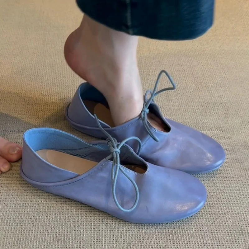 

Soft Derby Round Toe Flats Retro Female Shoes Footwear Leather New Dress Summer Lace-Up Hollow Women Shoes