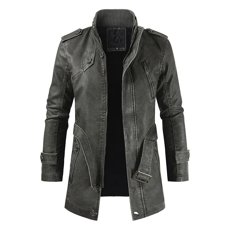 Leather Jacket PU Leather Trench Coat Cultivate One's Moral Integrity MIDI Style Gentleman Fall and Winter Style Fashion Casual