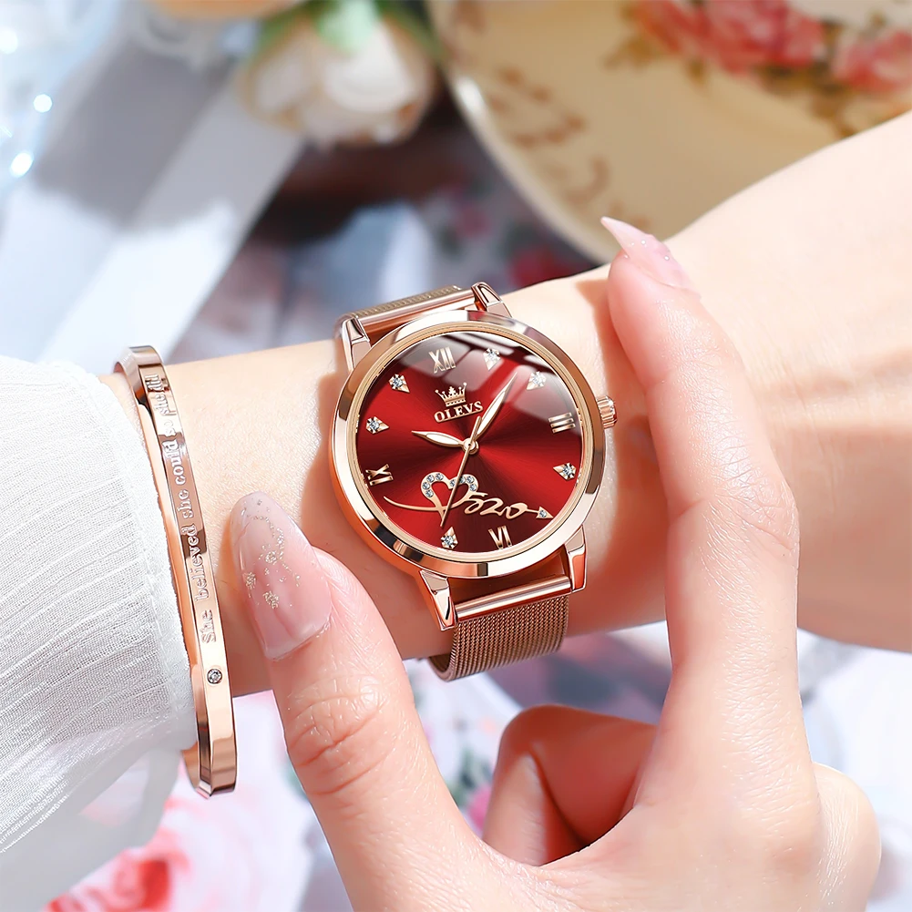 OLEVS 5530 Top Original Women\'s Watches Elegant Rose Gold Mesh Strap Fashion Heart Design Waterproof Quartz WristWatch for Women