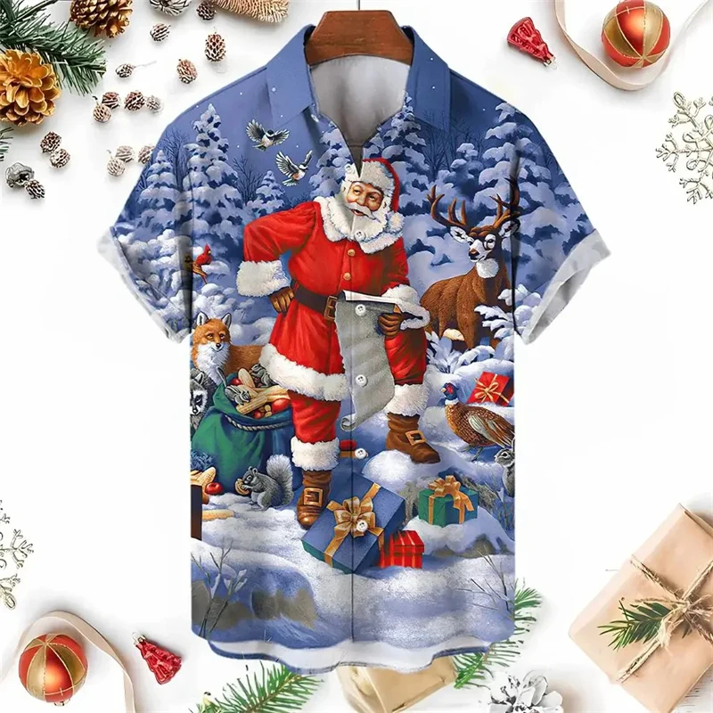 Funny Santa Claus Christmas Tree 3D Printed Shirts For Men Clothes Give Mens Xmas Gift Blouses Cosplay Y2k Lapel Blouse Clothing