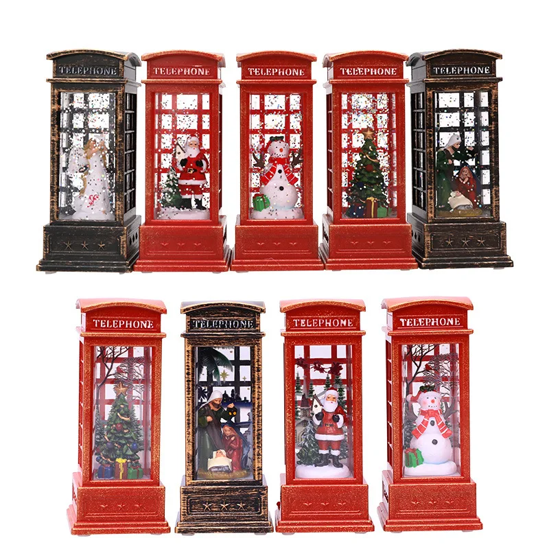 Christmas LED Water Flooding Lantern Telephone Booth Chrismas Gift Small Scene Decoration S anta Claus Navidad Party Supplies