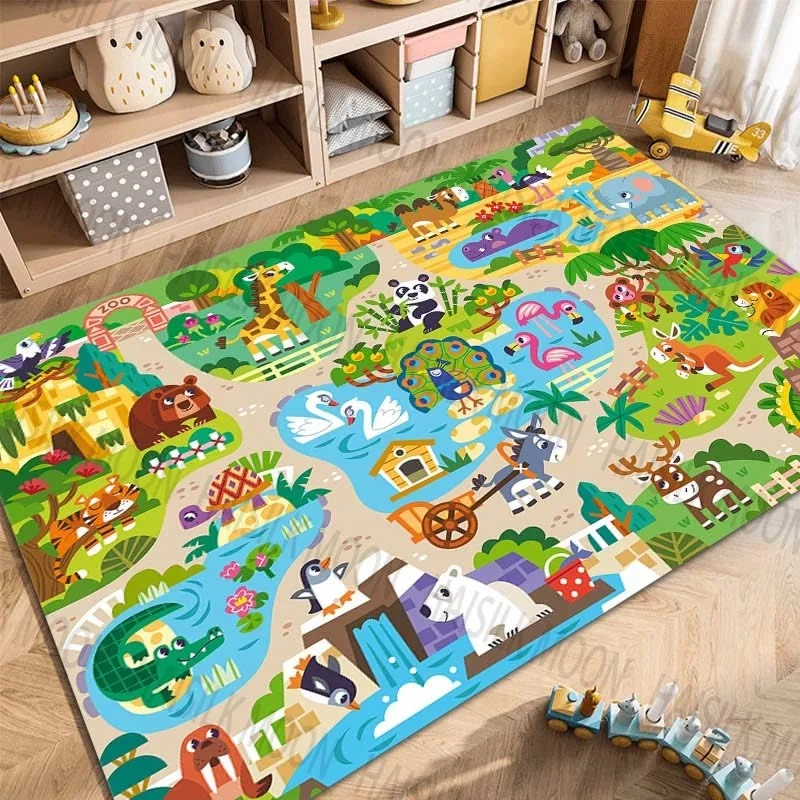 Living Room Mat Miniature Wild Animals Printed Large Rectangular Carpet Winding Blue Rivers for Apartment Playroom Floor