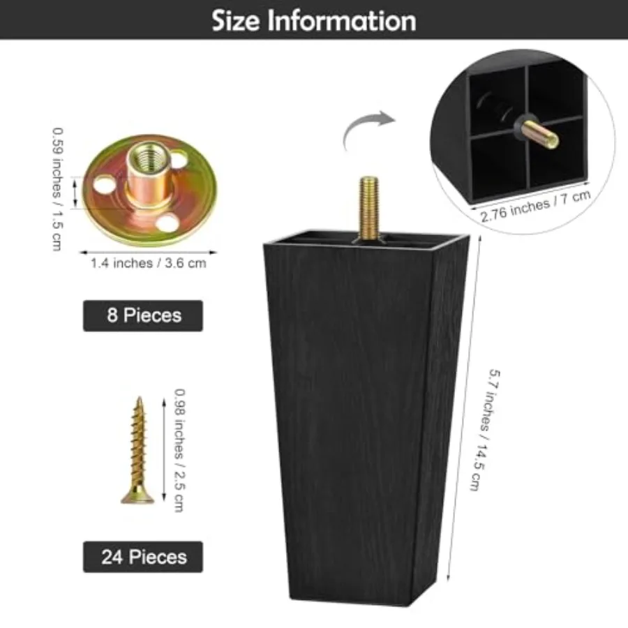 8 Pack 5.7 Inch Furniture Legs Plastic Sofa Couch Legs Square Tapered Feet Sofa Legs with M8 T-Nuts Screws for Legs Sofas Chair