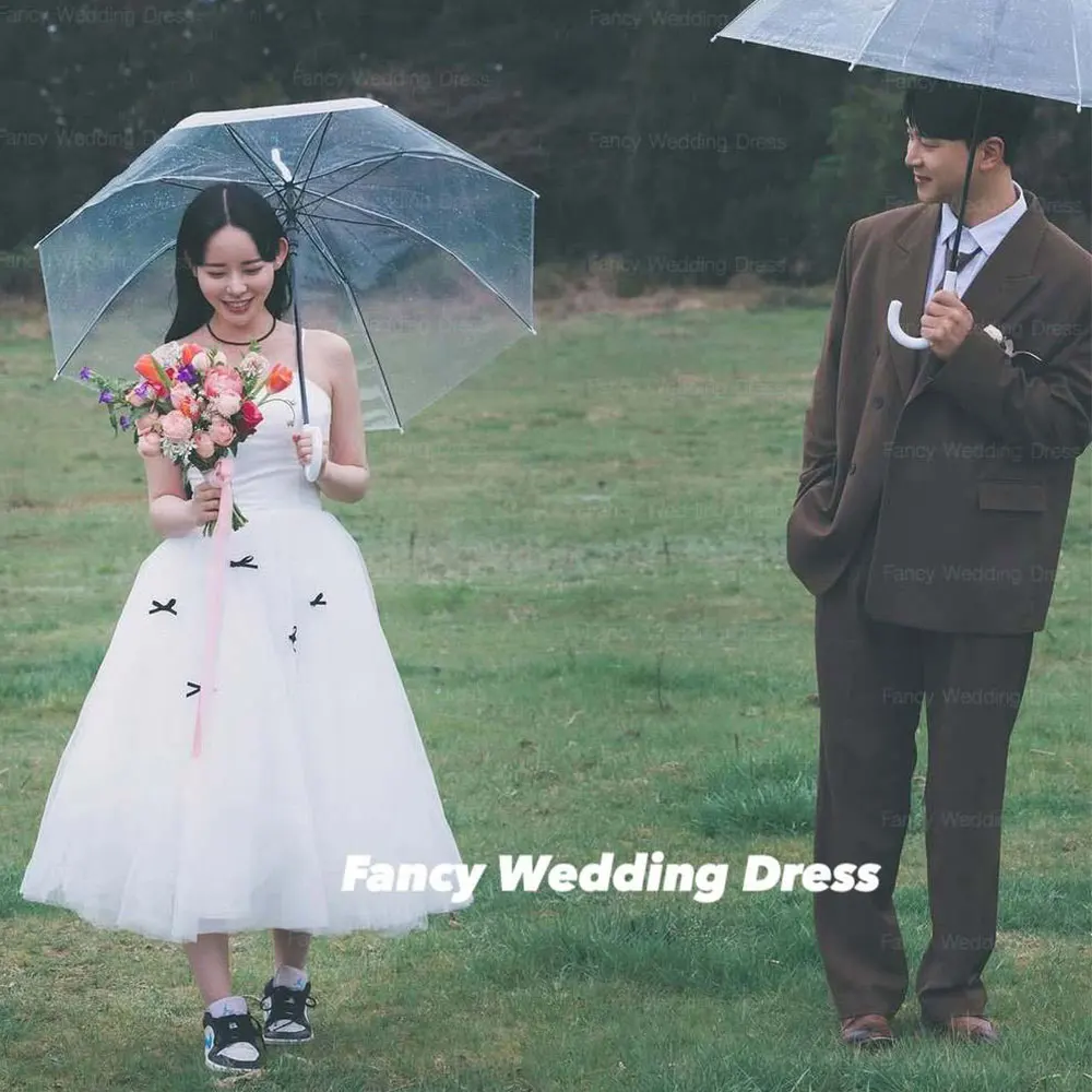 

Fancy Cute Detachable Bow Wedding Dress Korea Women Photo Shoot A Line Sweetheart Bridal Gown tea Length Back Corset Cusotmized