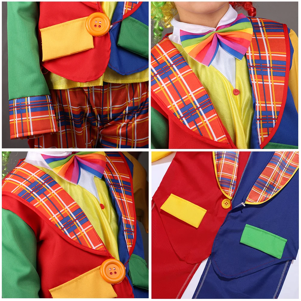 Kids Circus Clown Costume Jumpsuits Long Sleeve Jacket With Yellow Buttons on front Attached Wig Shoes Red Nose image 6